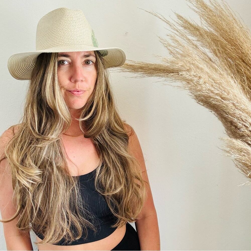 VINTAGE NORDSTROM Cream Tan Straw Wide Visor Brim Green Peacock Fedora Sun Hat - Picture 1 of 11